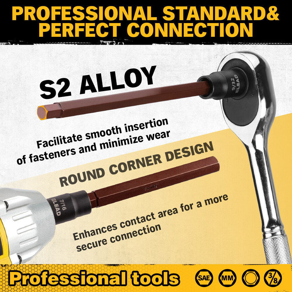 20PC Extra-Long Allen Hex Bit Socket Set 3/8" Drive SAE & Metric Impact Ratchet