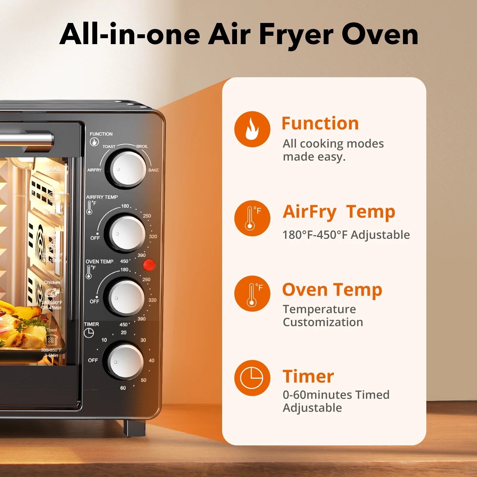 34QT Air Fryer Toaster Oven Combo Extra Large Countertop Cooker 1500W Oil-Less