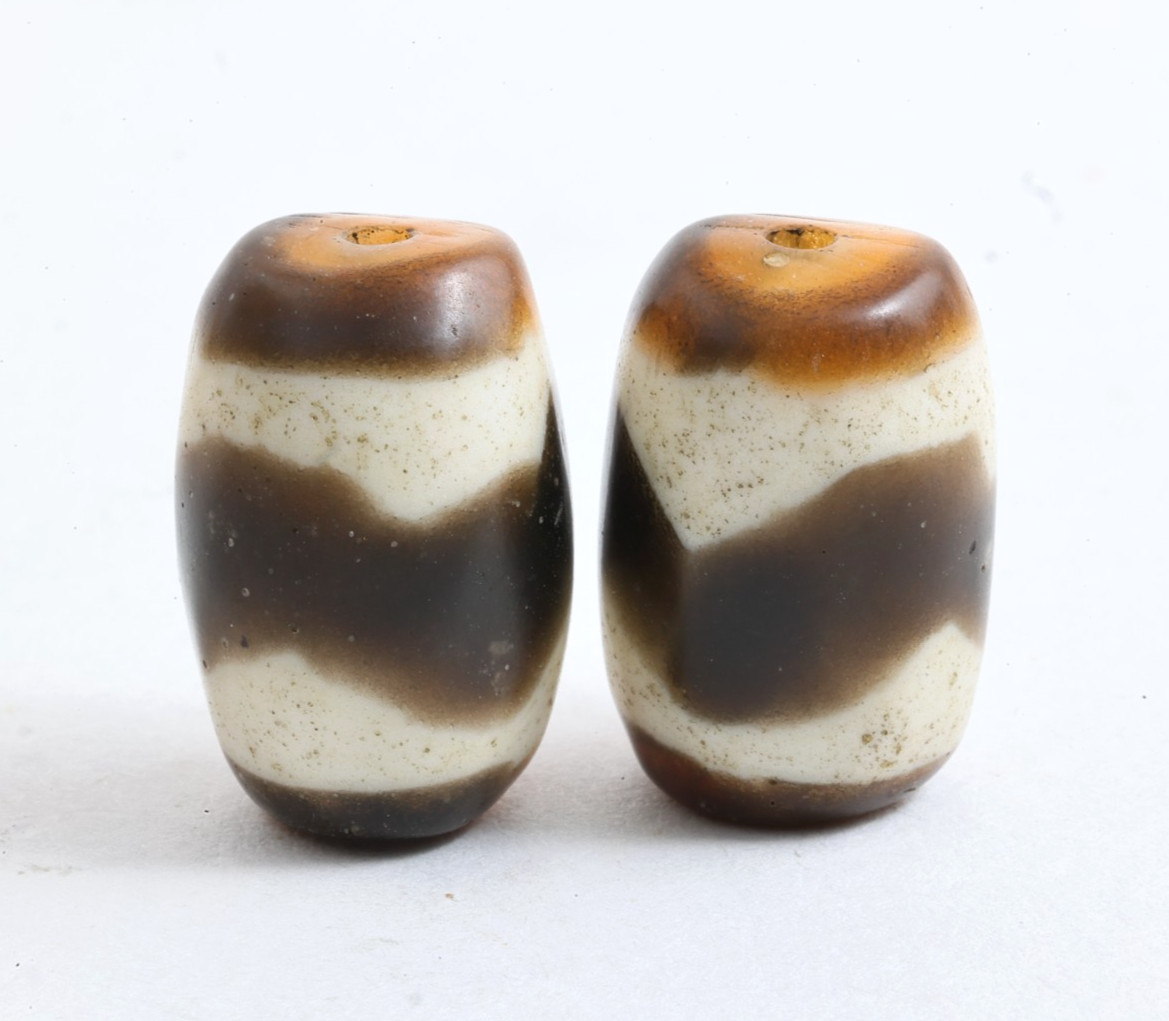 Late Qing Tibetan Glass Beads Pair – Tiger Tooth Dzi (Huya Tianzhu) Style (Z)