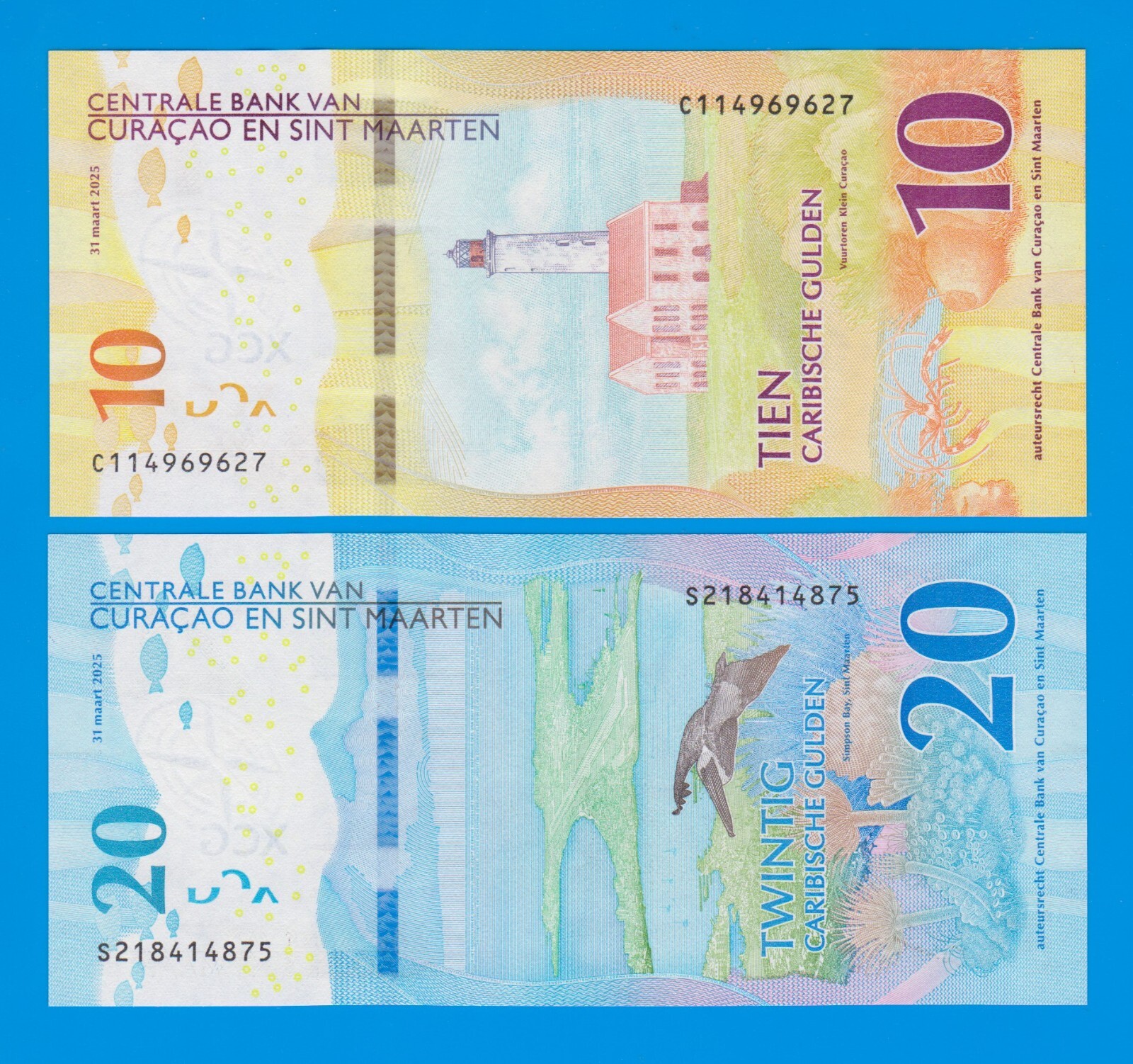 CURACAO and SINT MAARTEN 2 NOTES! 10 + 20 Caribbean Gulden P 1+P 2, NEW 2025 UNC