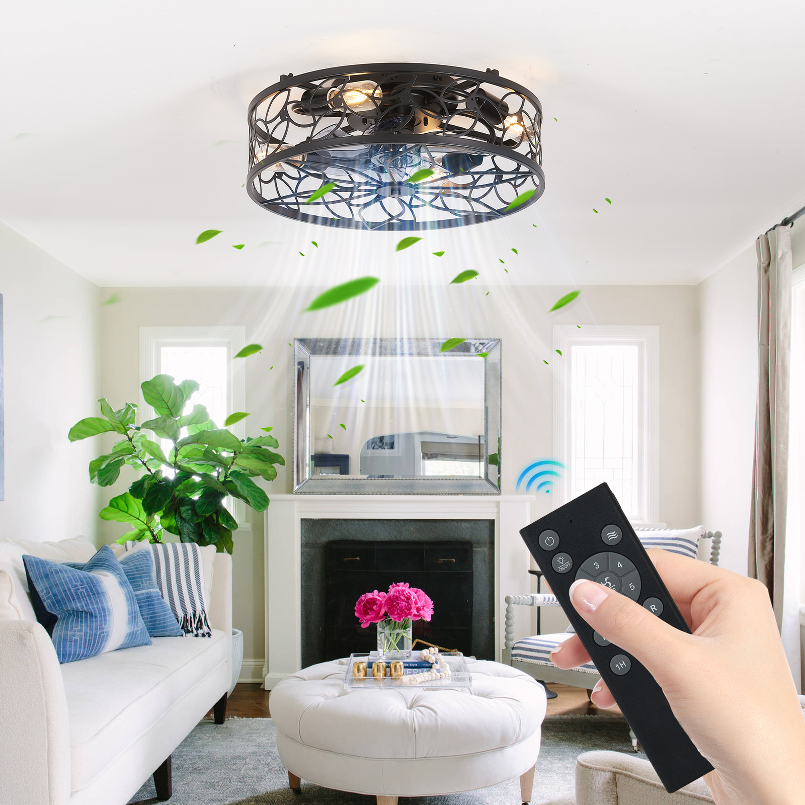 18" Black Caged Ceiling Fan Light Farmhouse Flush Mount with Remote Control kit