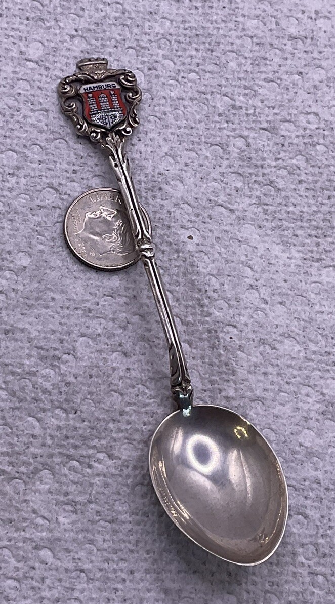 ANTIQUE .835 SILVER HAMBURG PORCELAIN SHEILD SOUVENIR SPOON 4 1/4”