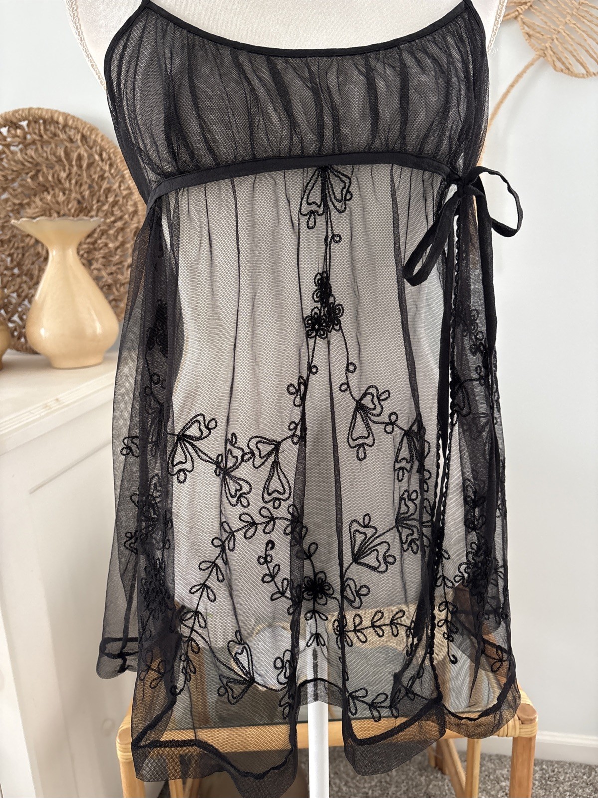 Victoria's Secret Babydoll Lingerie Dress Skirt Black Mesh Open Slit Large L