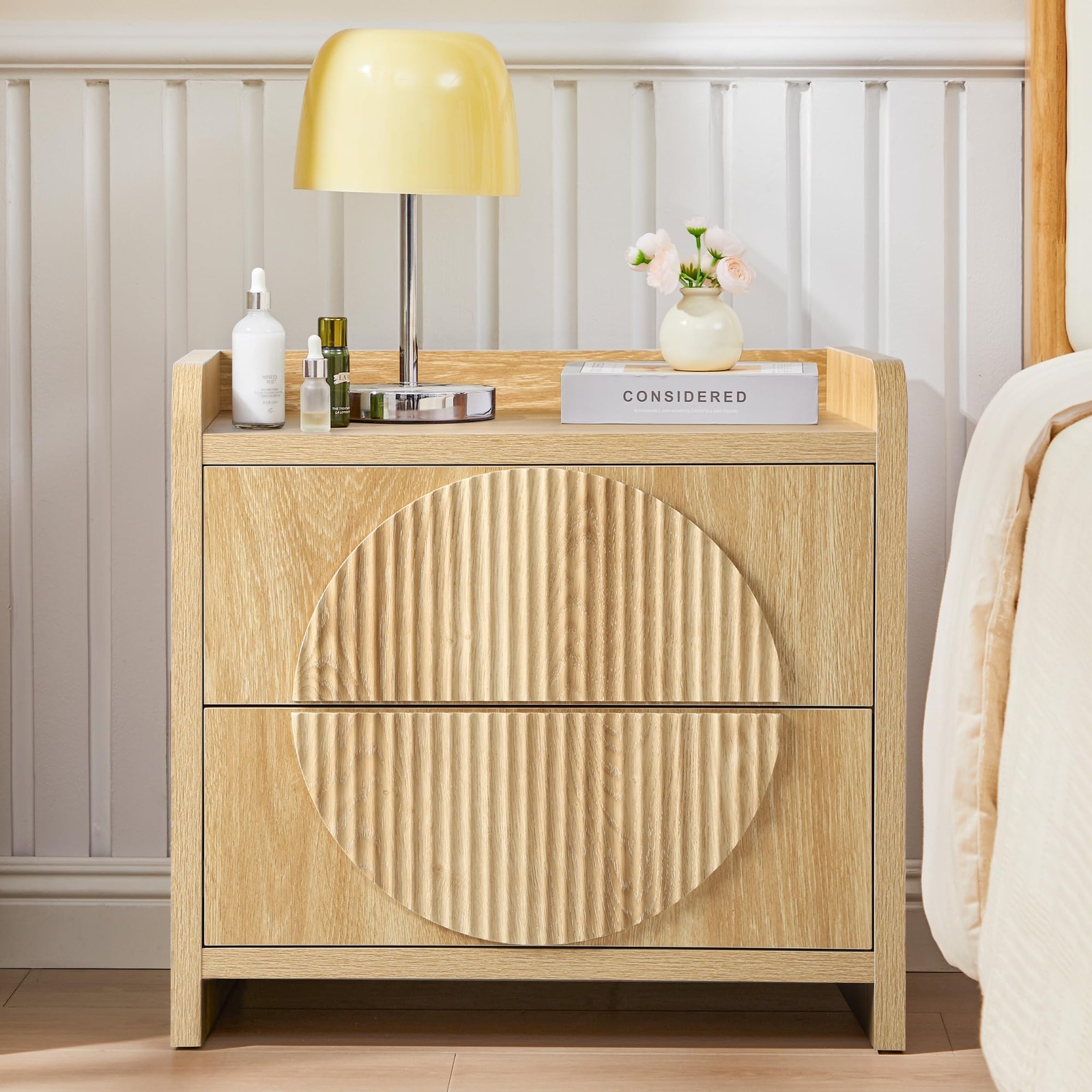 24 Inch Wide Fluted Nightstands Large Night Stand with 2 Drawers