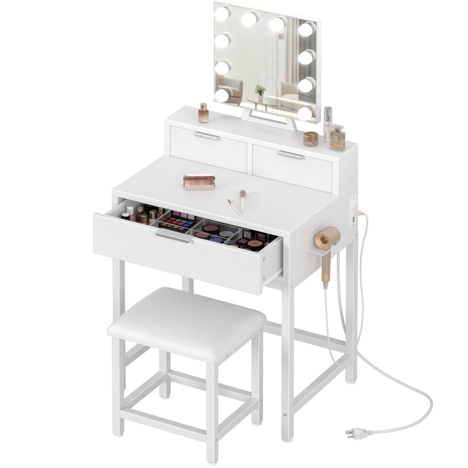White Makeup Vanity Desk with Hollywood Mirror and Lights, Girls Vanity Set w...
