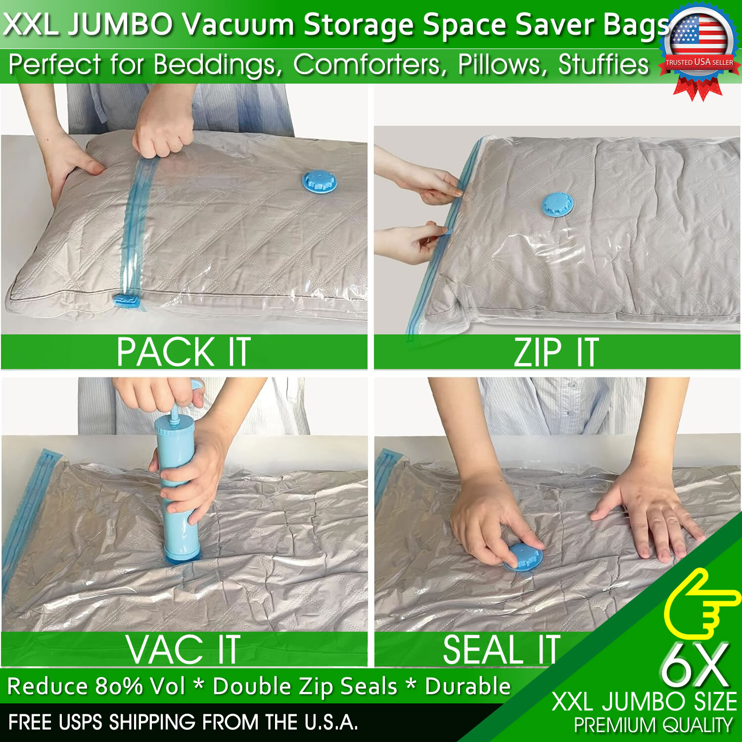 XXL Jumbo Vacuum Storage Bags Comforters Bedding Clothes Space Saver Hand Pump
