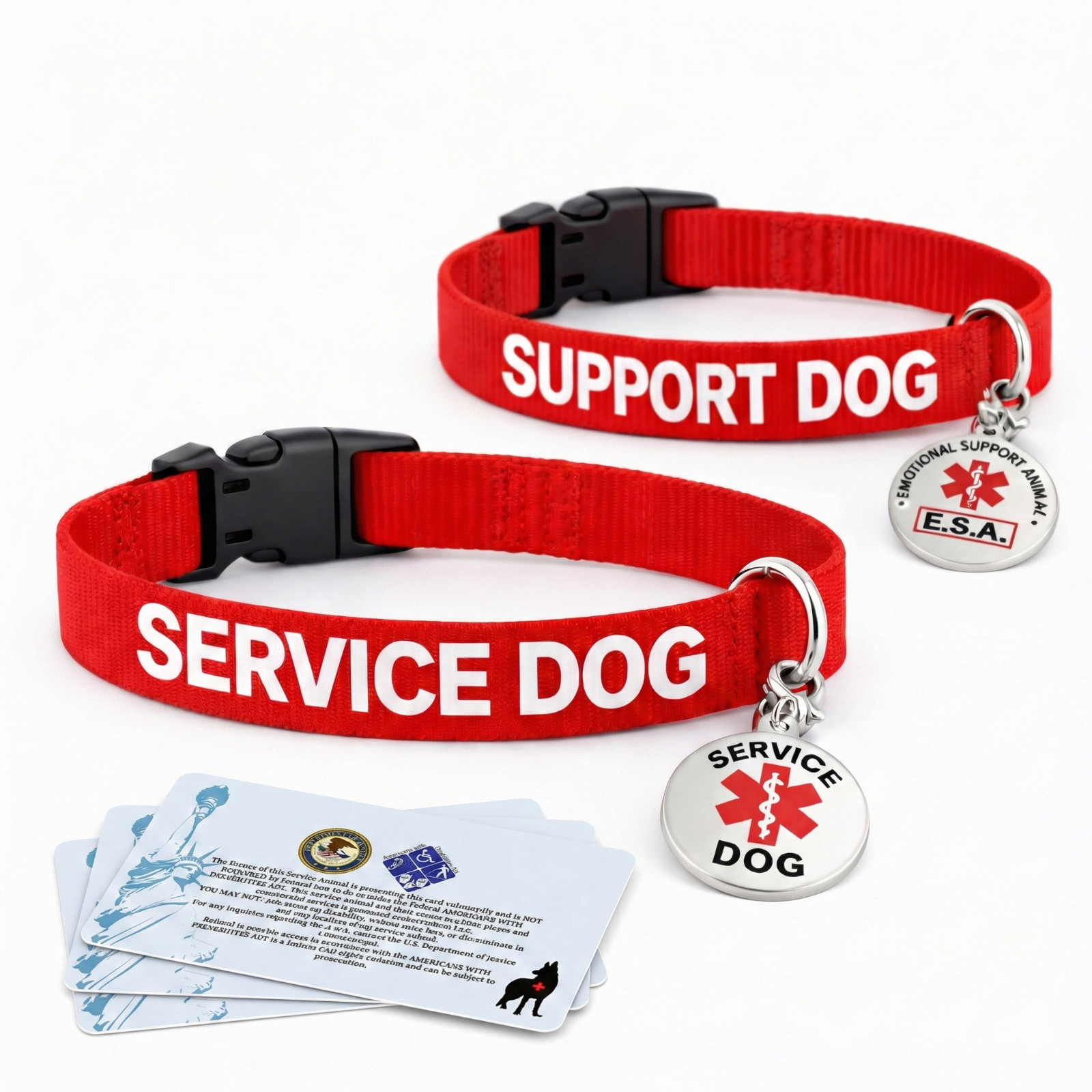 Service Dog Collar ESA Support Dog Metal ID Tag Adjustable Nylon + 3 ADA Cards