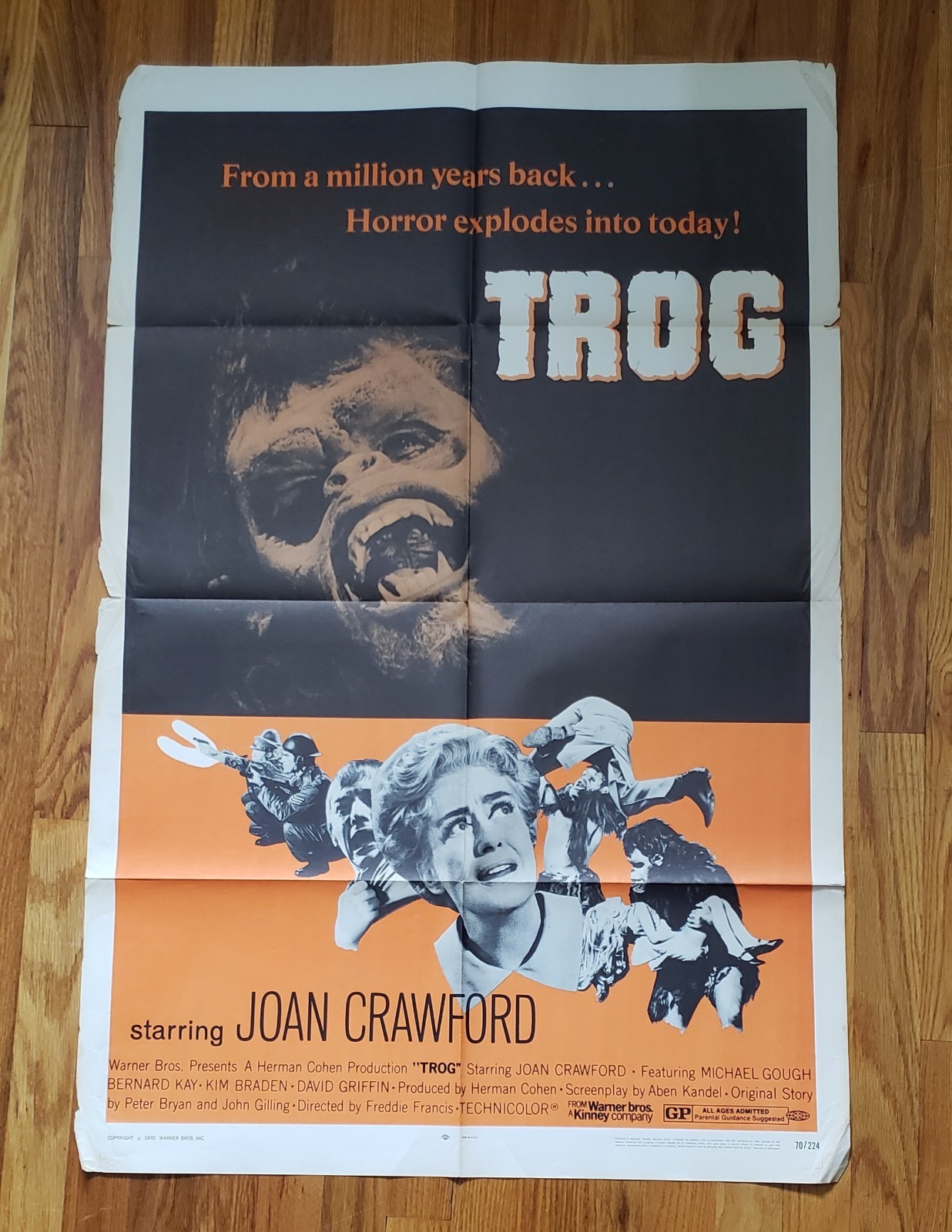 TROG Original Movie Poster (1970) Cave Man Joan Crawford Mankey Horror (Folded)