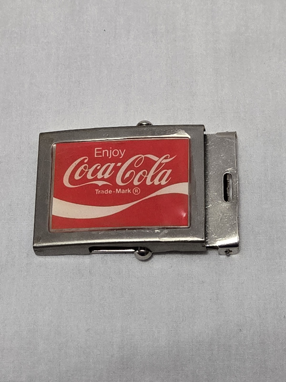 Vintage Coca-Cola Belt Buckle Solid Brass Coke Soda Pop Advertising Red & White