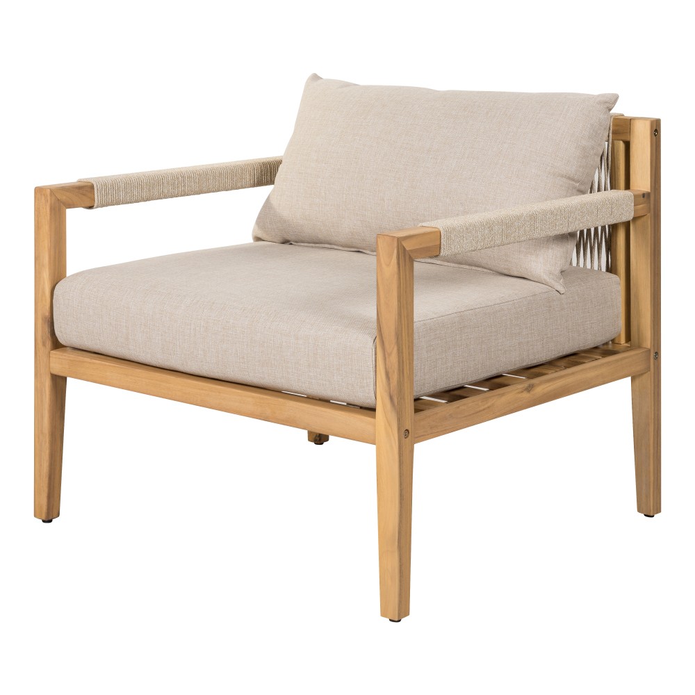 Acacia Wood Rope Chair Patio Set with Table & Beige Cushions