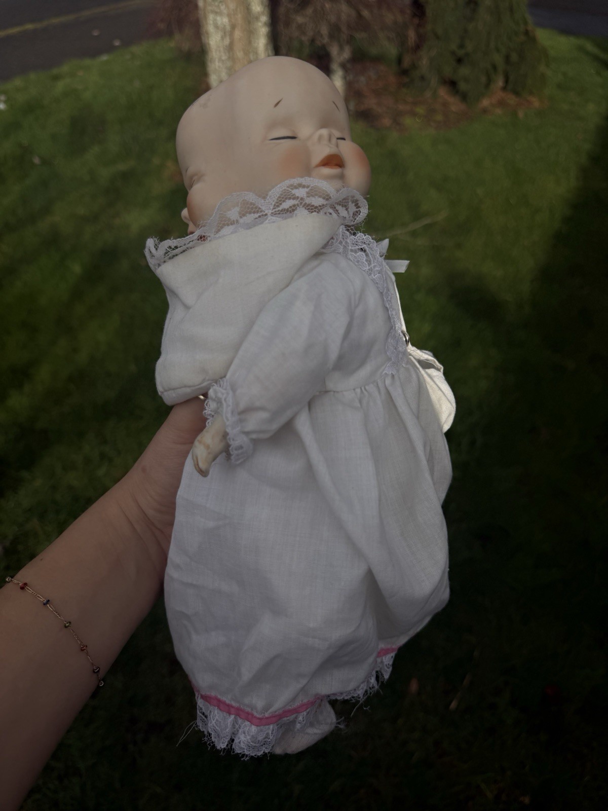 Vintage 13” Three Faced Bisque Porcelain Doll With Bonnet Triple Head Taiwan