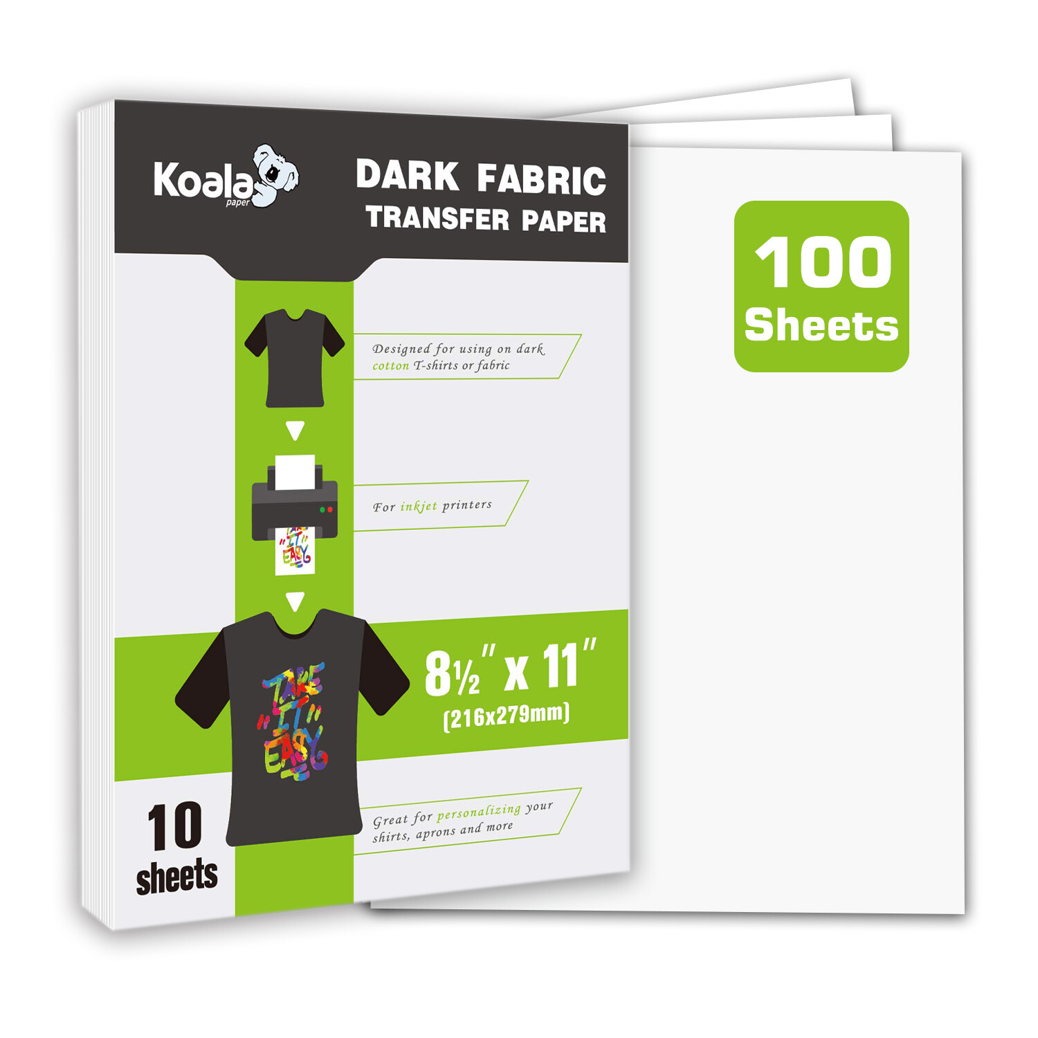 Bulk 100 Sheet Dark Heat Transfer Paper for Inkjet + Laser + Cricut 8.5x11 Koala