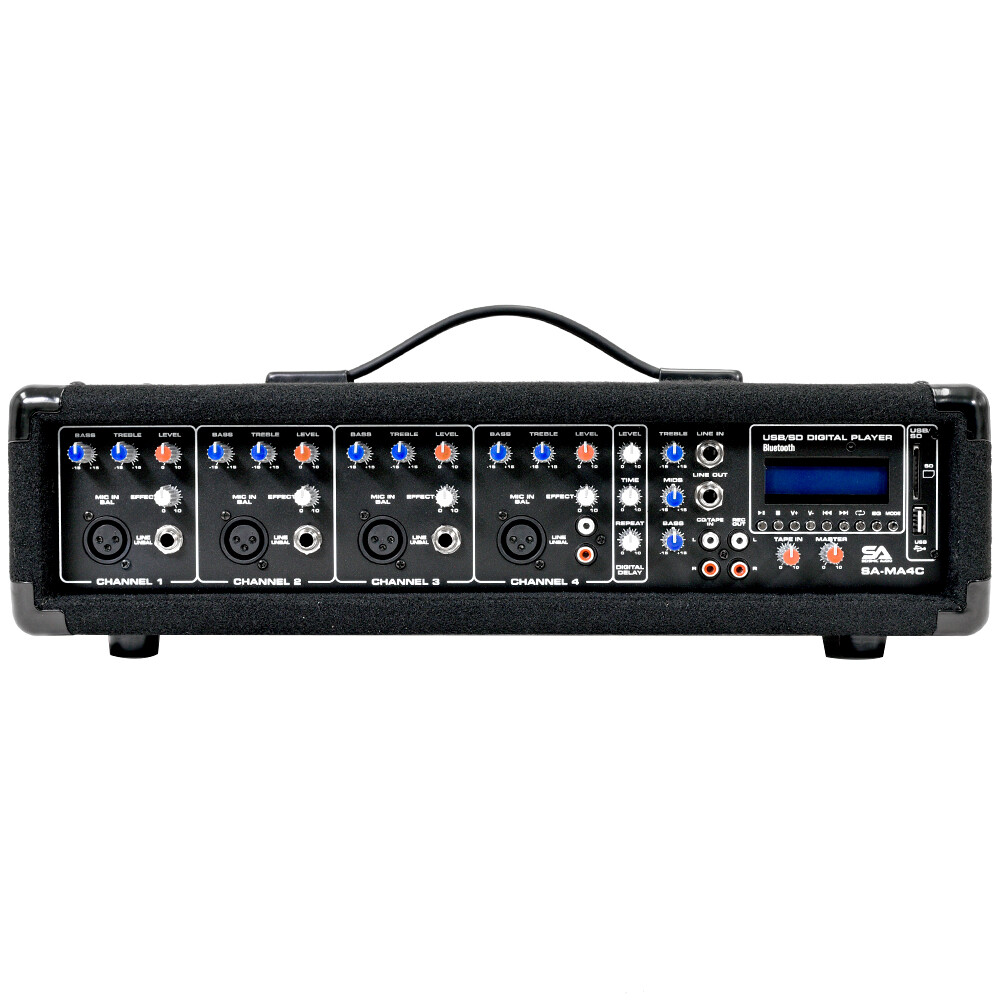 4 Channel 200 Watt Powered PA Head Mixer with Bluetooth Remote and Effects FX