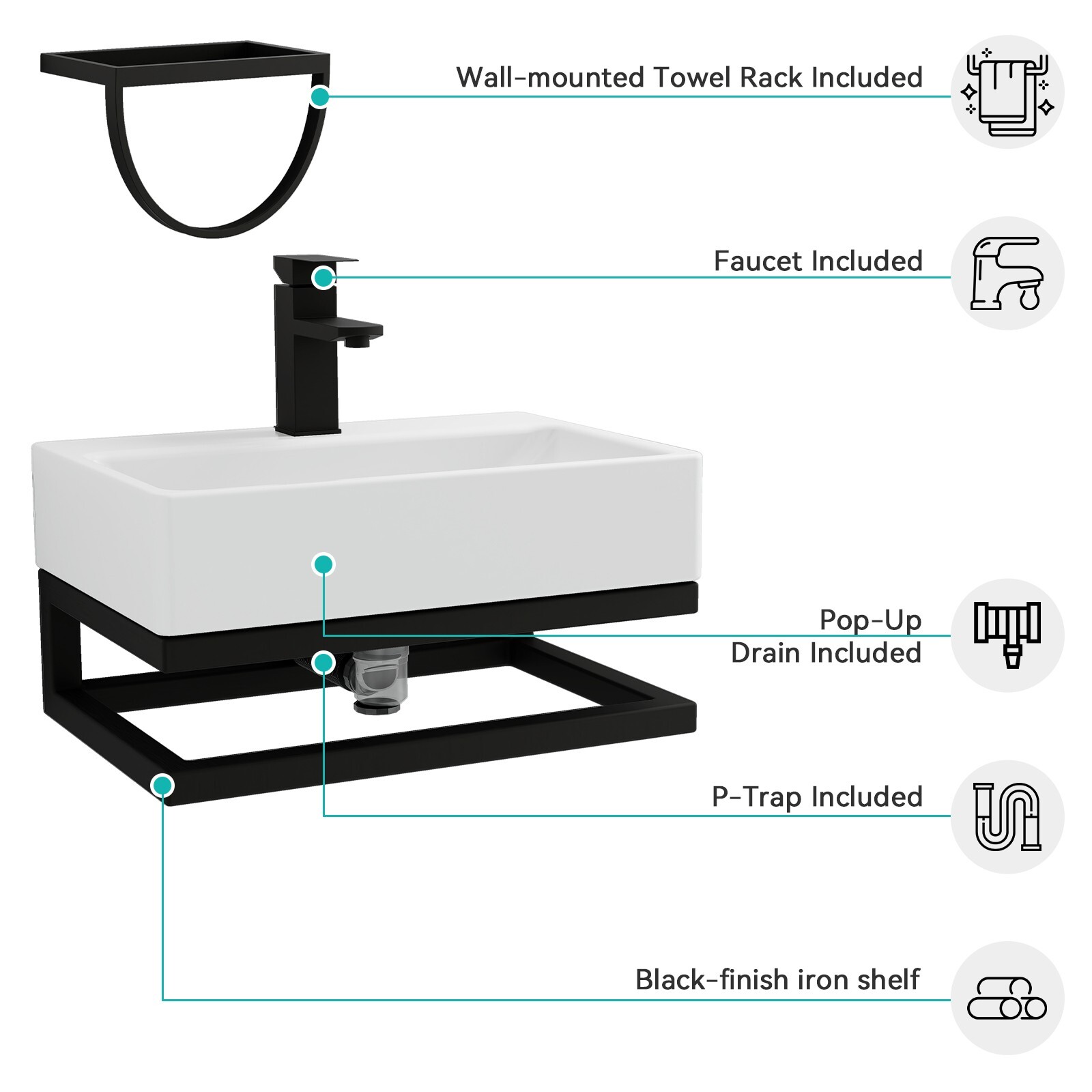 21" White Wall Mounted Vessel Sink Floating Ceramic Basin Bowl w/ Bracket Faucet