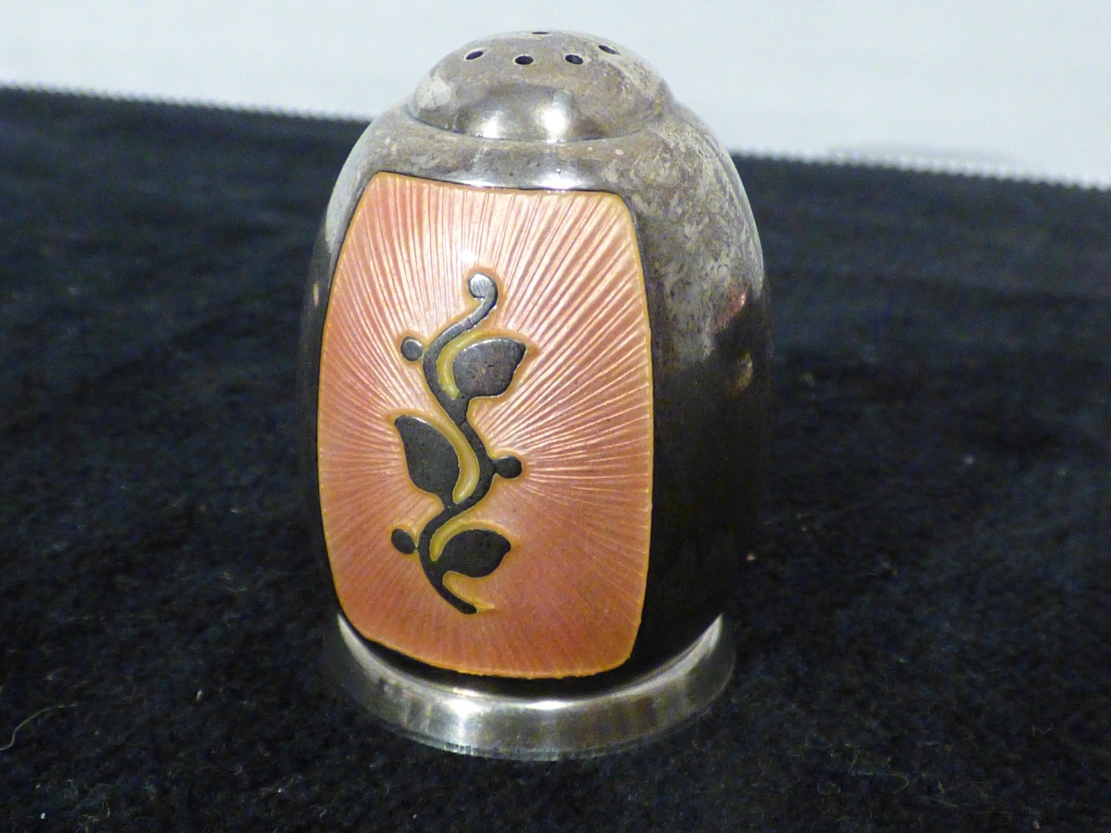 Antique Denmark Salt Cellar & Spoon & Pepper Shaker Sterling V.B. VB Pink Enamel