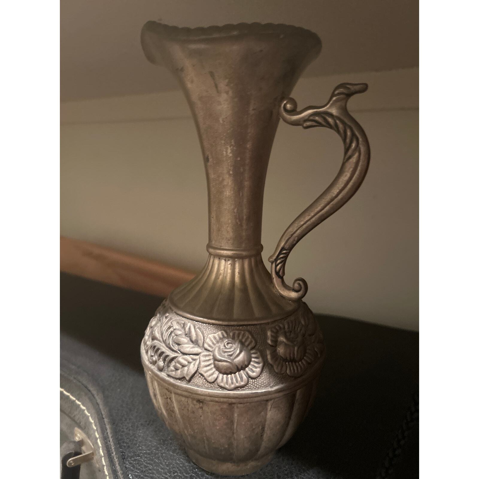 Silver-Plated Antique Carafe w/ Rose Flower Design, Vintage Decanter, Water Vase