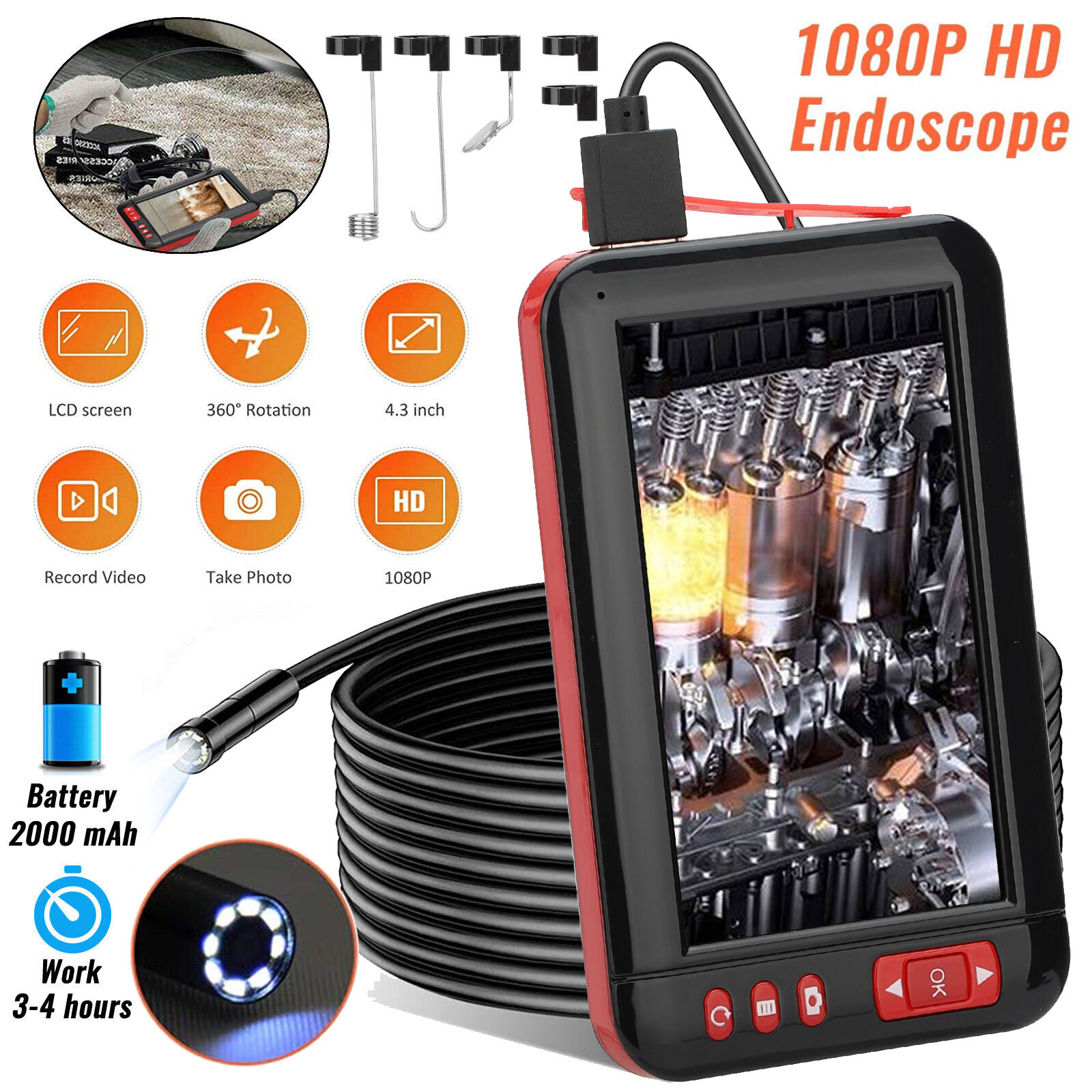 Industrial Endoscope 1080P HD 4.3'' LED Screen Borescope Inspection Snake Camera