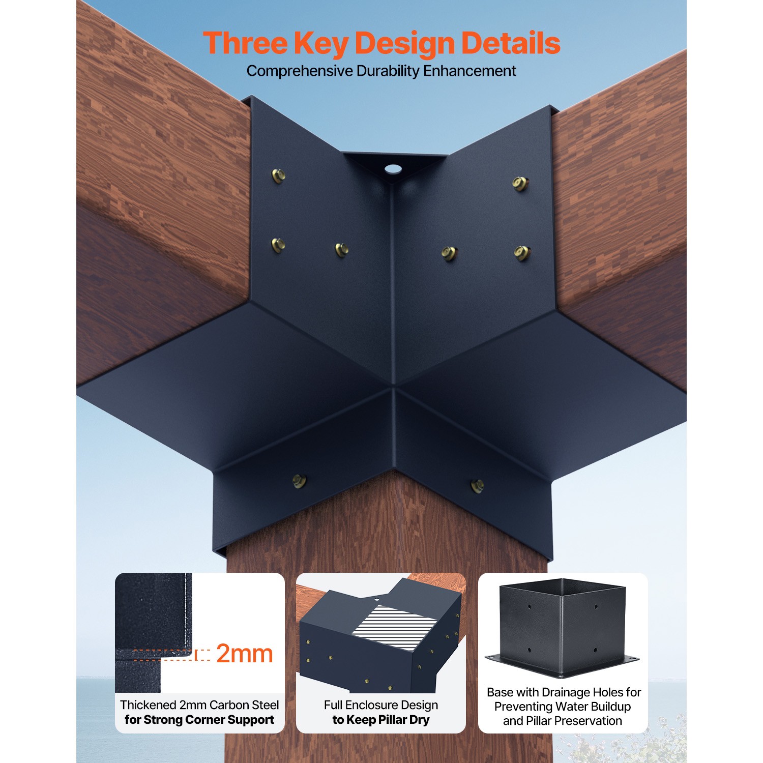 6x6 Inch Pergola Bracket Kit Inner 5.5x5.5 3-Way Brackets 4 Pcs with 4 Bases