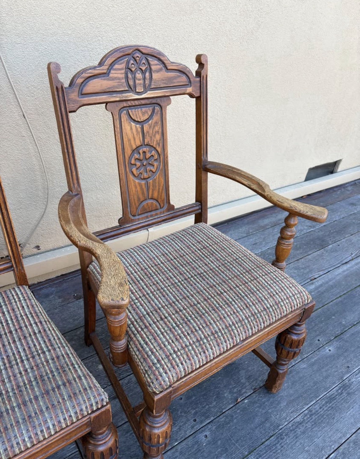 Vintage Wooden Upholstered Jacobean Dining Chairs Set Of 6