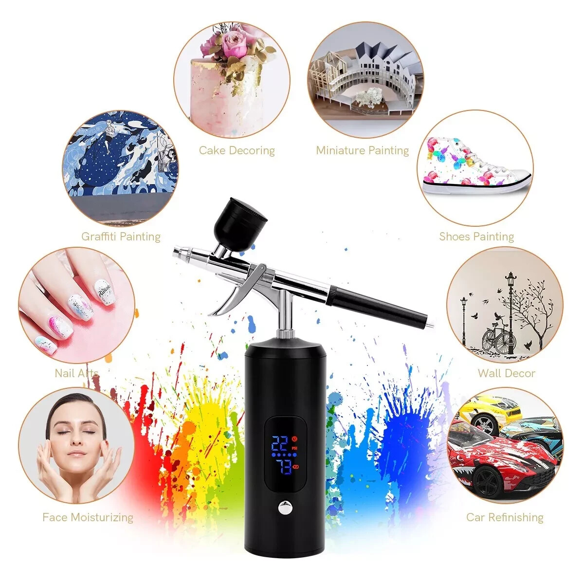 Cordless Airbrush Kit Handheld Sprayer Gun 38PSI LCD for Barber Nail Art Makeup