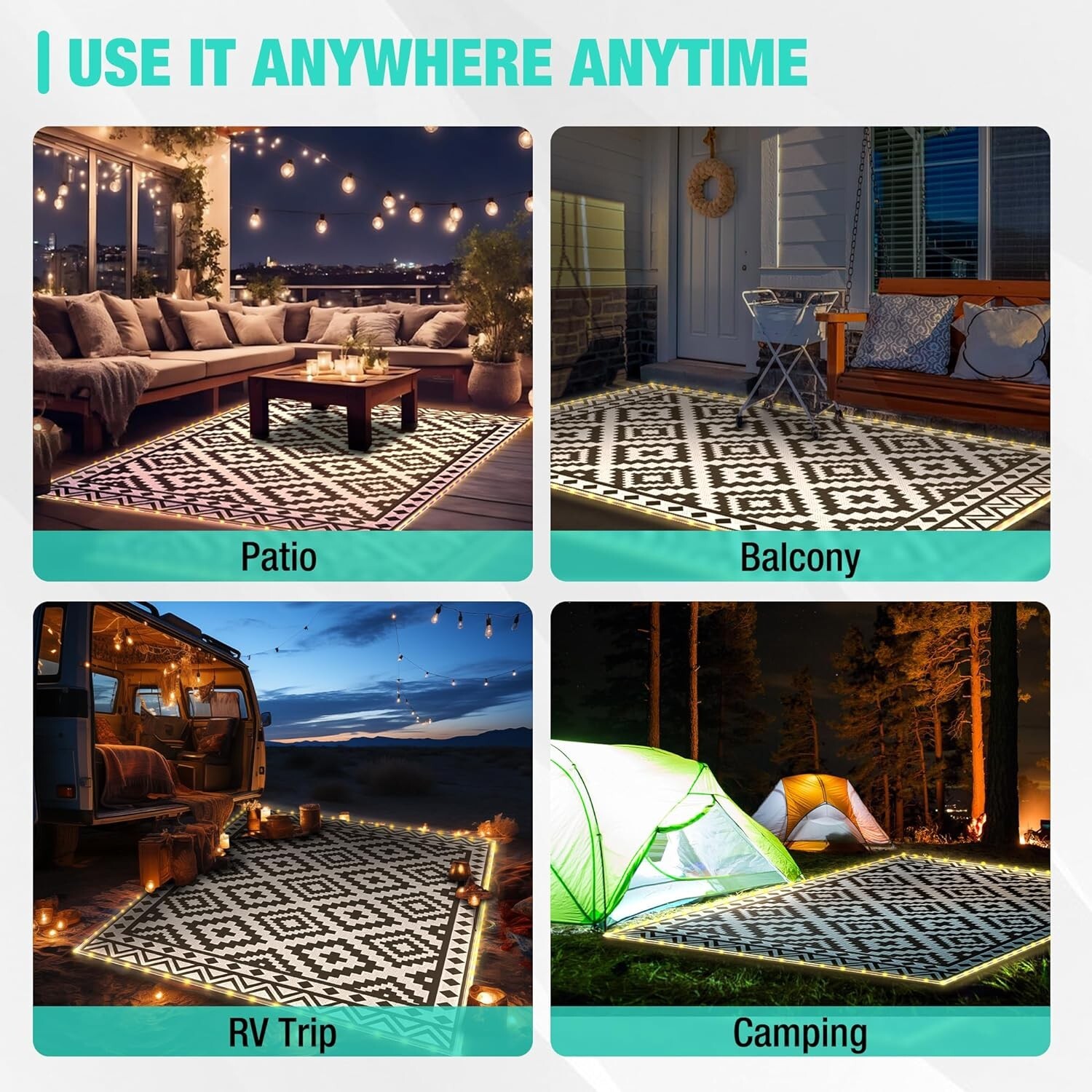 HAUSHOF 5'X8' Outdoor Rug Waterproof with LED Strip Light Black&White for Porch