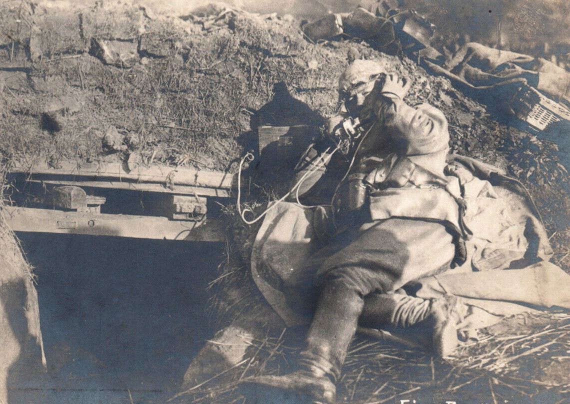 WWI German Soldier Luger Pistol Field Telephone Trench Real Photo Postcard RPPC