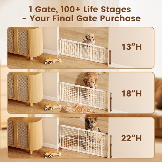 No Drill Adjustable Dog Gate, 13-22 Inch Height, 18-43 Inch Width, White Metal