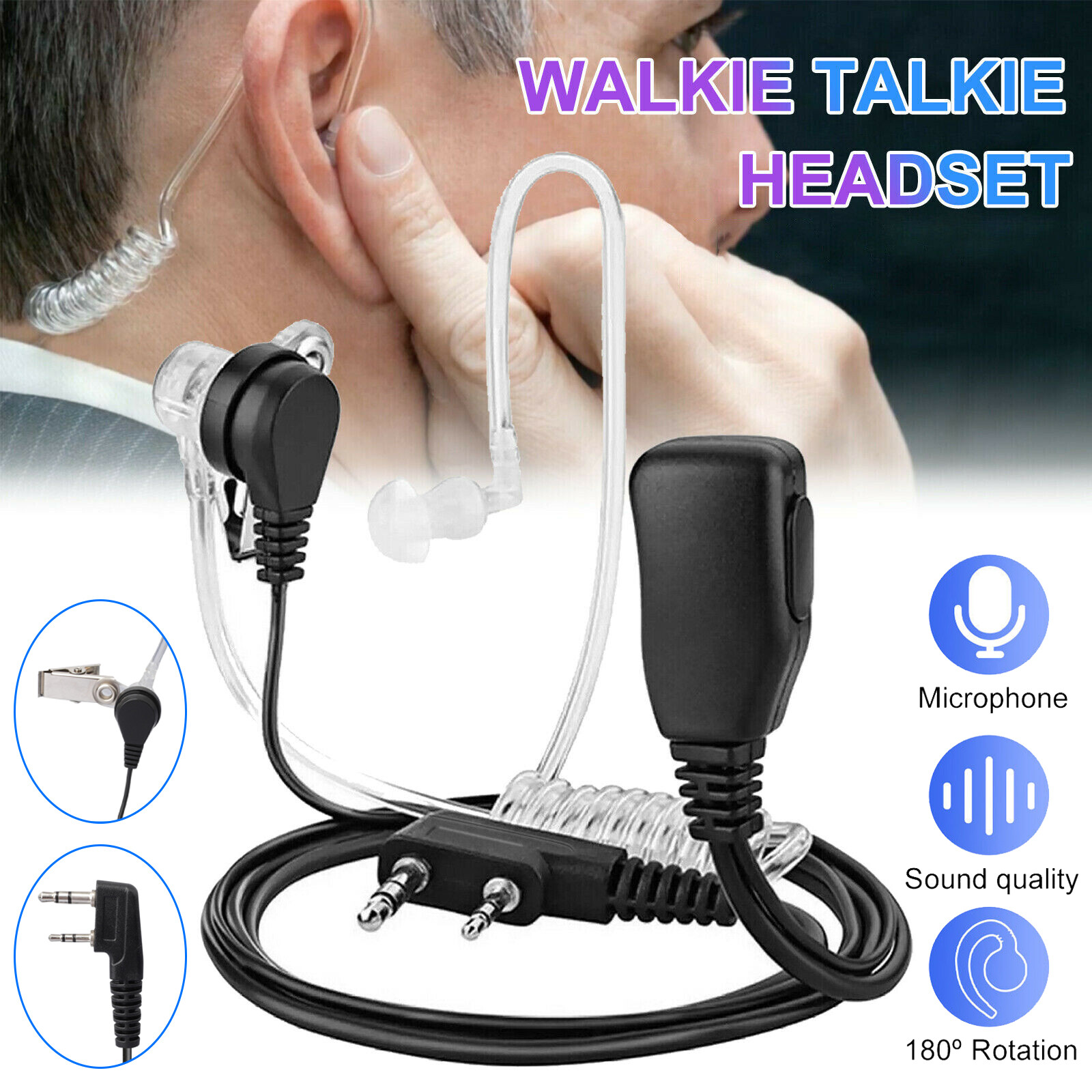 2Pin PPT Walkie Talkie Mic Earpiece Headset FBI-Style Security Radios Earphones