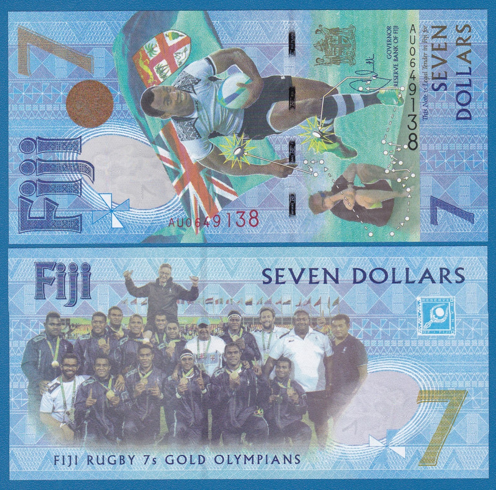 FIJI 7 Dollars P 120 2016 UNC Commemorative Rugby Gold Olympians (2017)