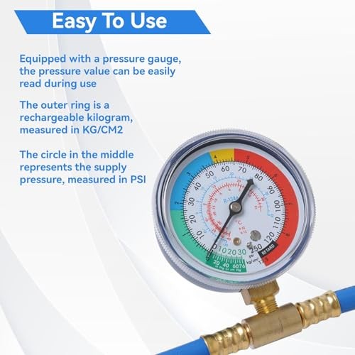 R134A Recharge Hose Kit with Gauge, AC Refrigerant Charge Hose, Self-Sealing R