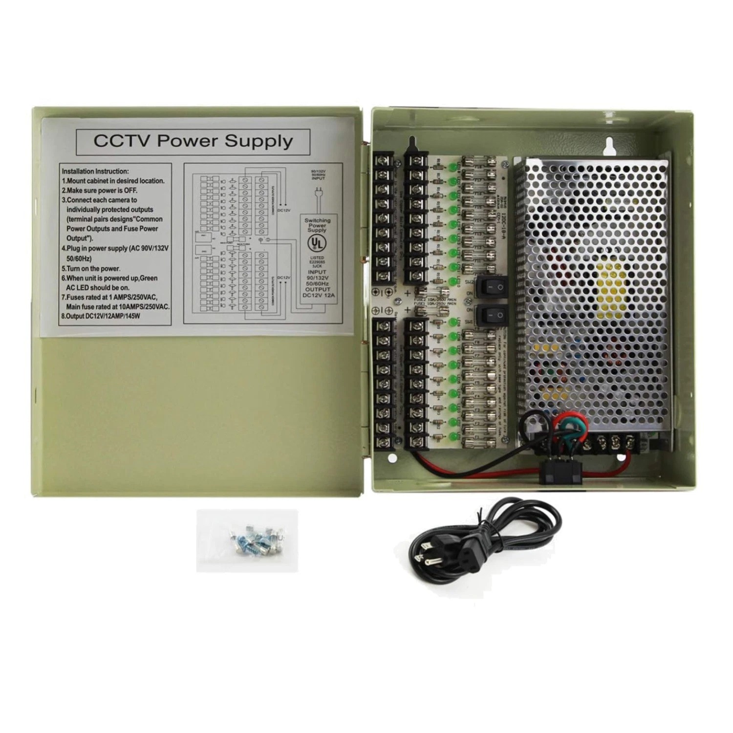 12V 12 Amp Power Supply Box with 18 Outputs for CCTV Security System -  Listed