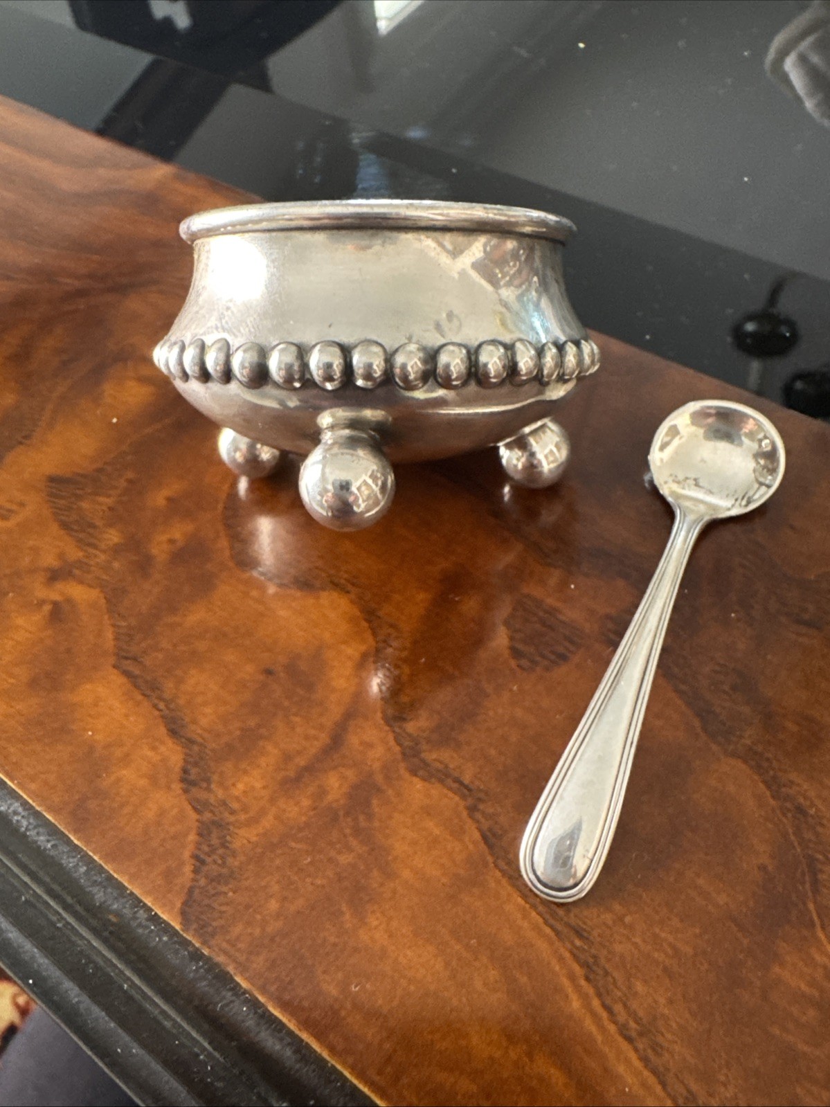 Silver Salt Cellar Beaded Rim ,Ball Footed With Sterling Salt Spoon