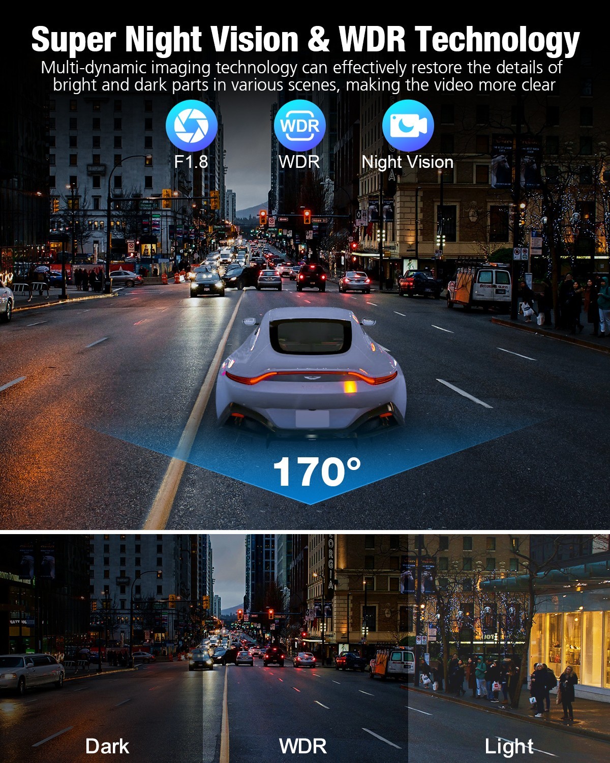 4K Dash Cam Front and Rear Dash Camera Car DVR WiFi APP GPS with 64GB Card