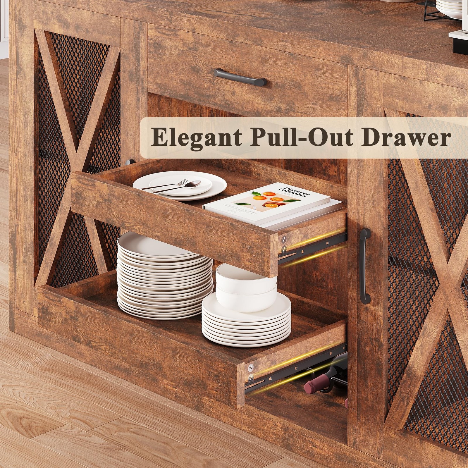 Large Coffee Bar Cabinet with Fridge Space, Mini Fridge Cabinet with Power Ou...