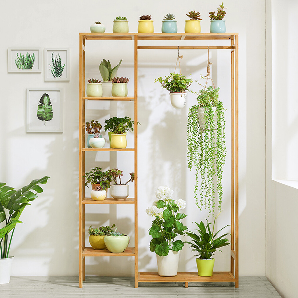 Bamboo Garment Rack Freestanding Closet Heavy Duty Clothes Rod Storage Organizer