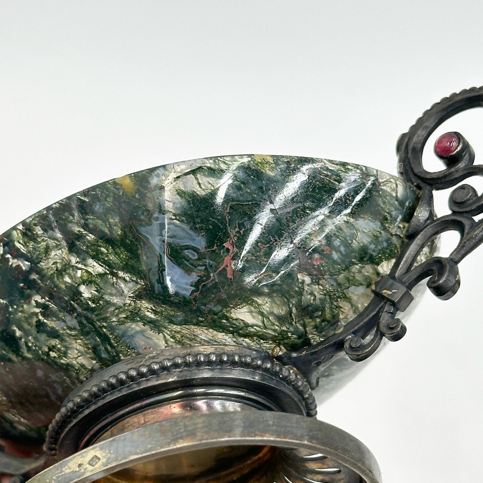 French Sterling Silver Carved Moss Agate Double Handled Master Salt