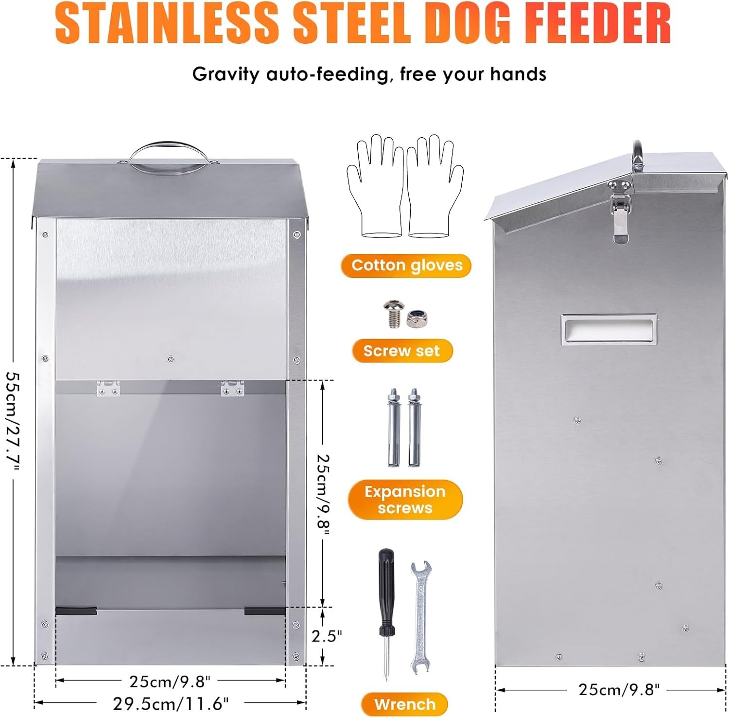 Automatic Dog Feeder 25lb Large Breed, Stainless Steel Gravity Dispenser