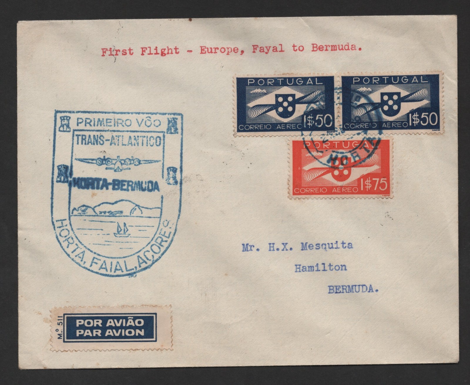 PORTUGAL 1939 FAYAL AZORES TO BERMUDA FIRST FLIGHT COVER SCARCE CACHET