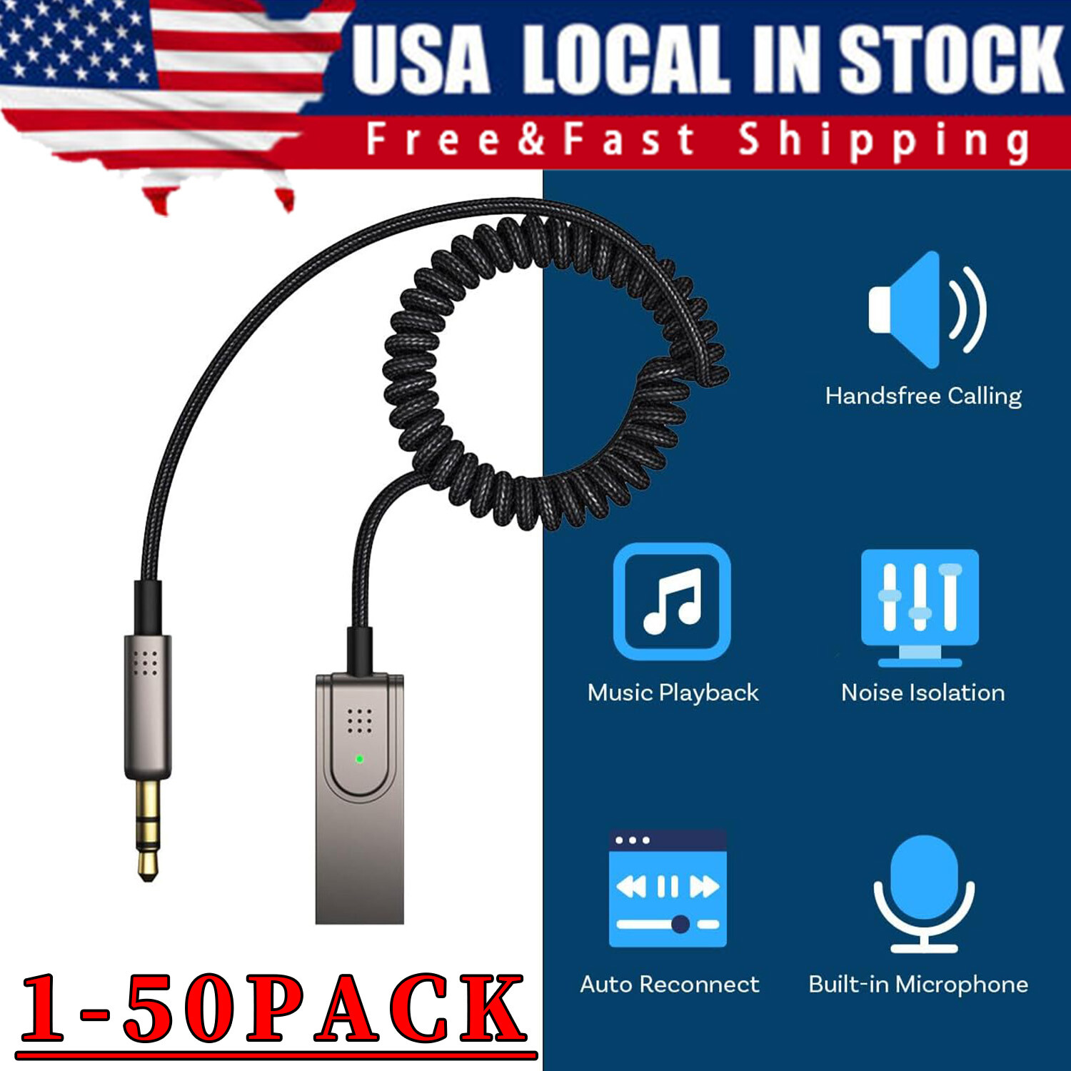 USA Aux to Bluetooth 5.1 Adapter 3.5mm Bluetooth Receiver Microphone for Car Lot