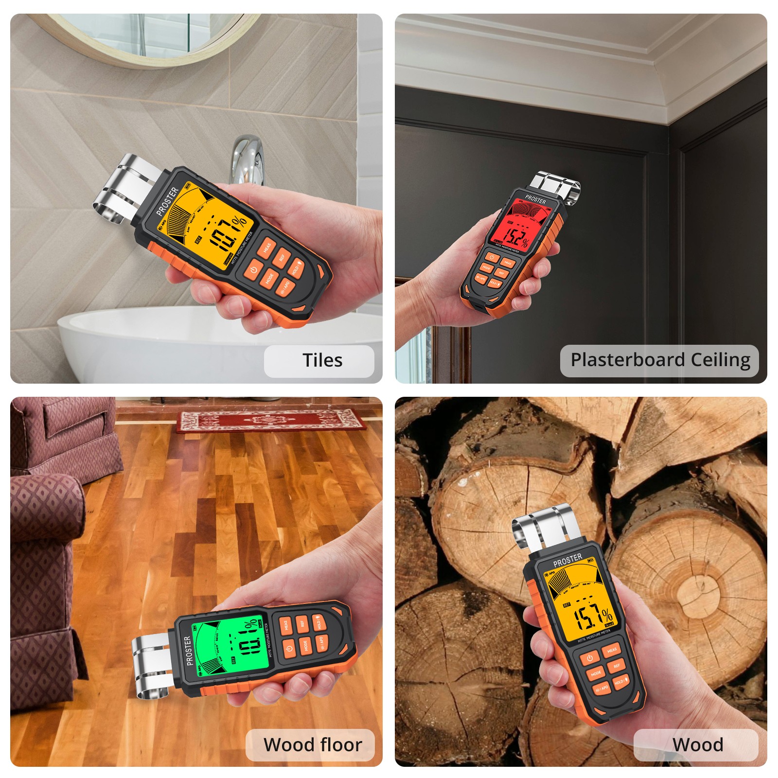 Proster Pinless Moisture Meter Wall Firewood Masonry Concrete 5Modes Damp Tester