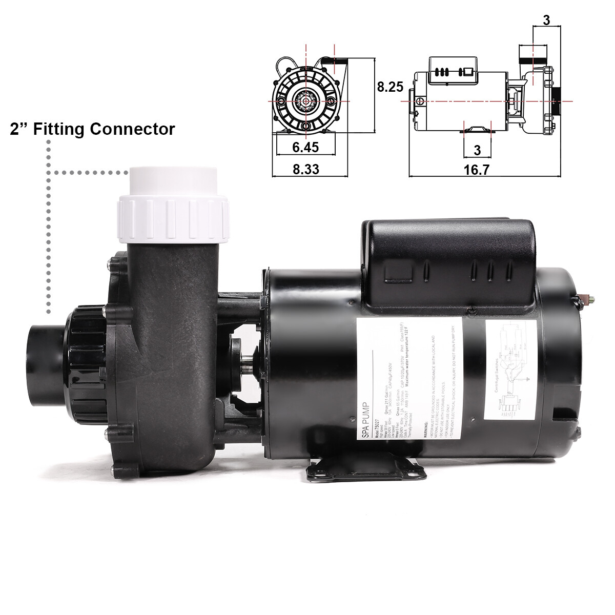 3.0HP Spa Pump 2-Speed Motor Hot Tub Pump 2" Discharge Intake 220V Circulating