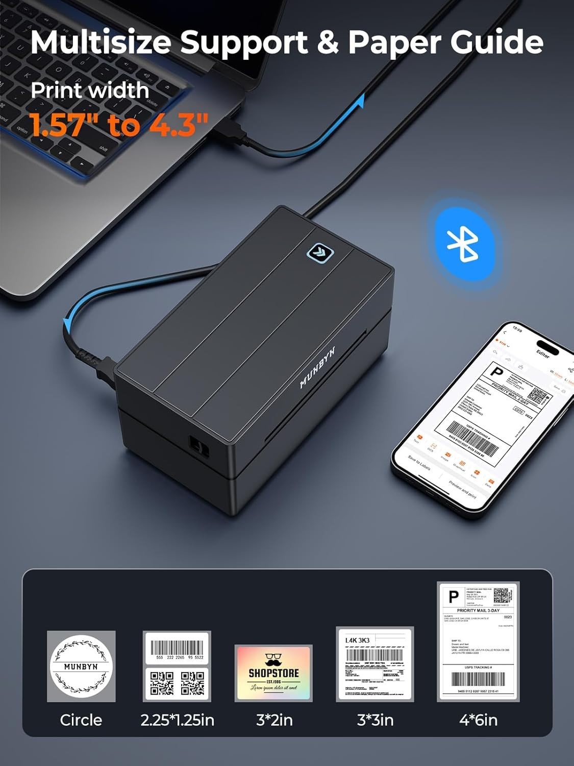 MUNBYN Bluetooth Thermal Label Printer, 130B Wireless 4x6 Shipping Label Printer