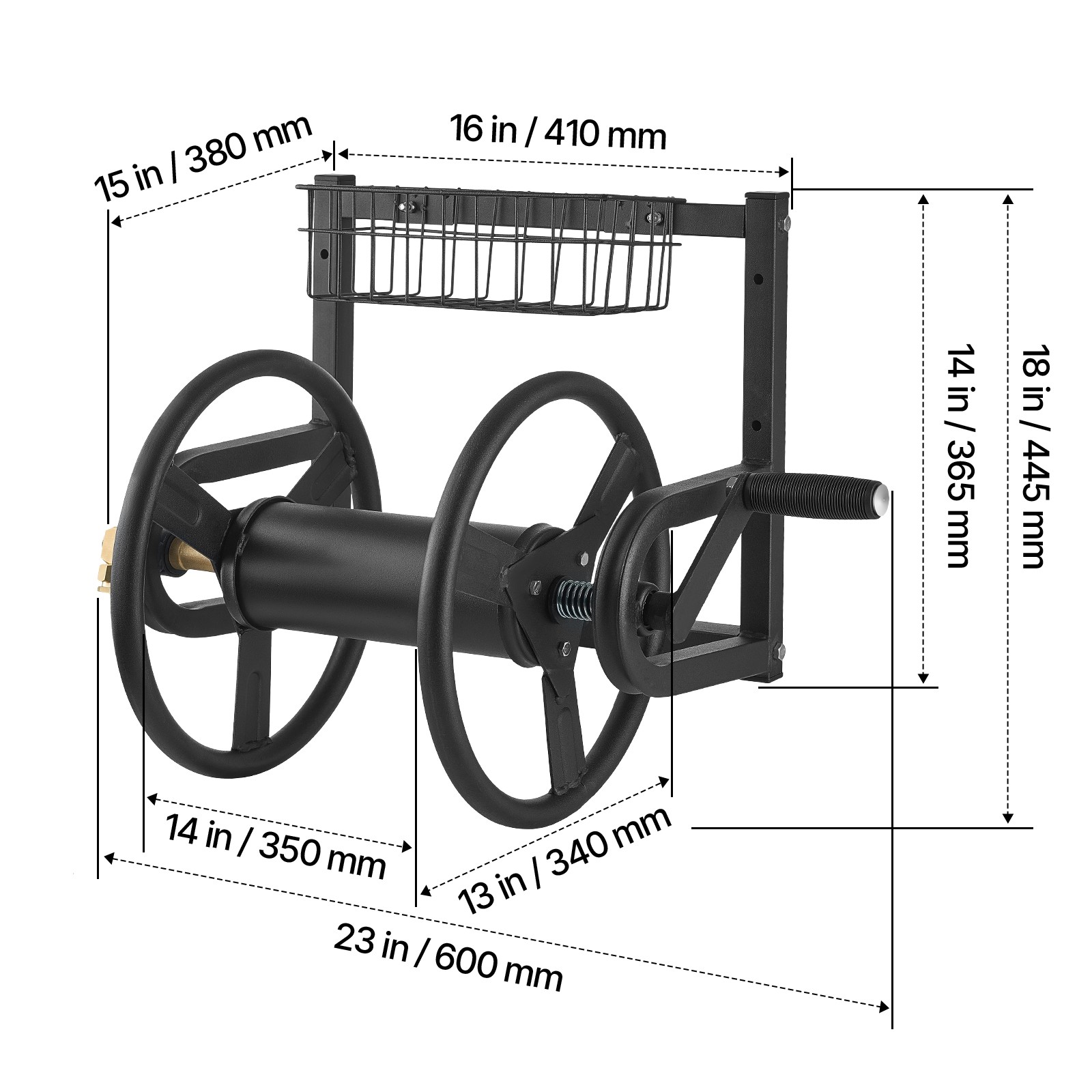 Wall Mounted Garden Hose Reel 125ft 5/8 in Hose Holder Brass Fitting & Basket