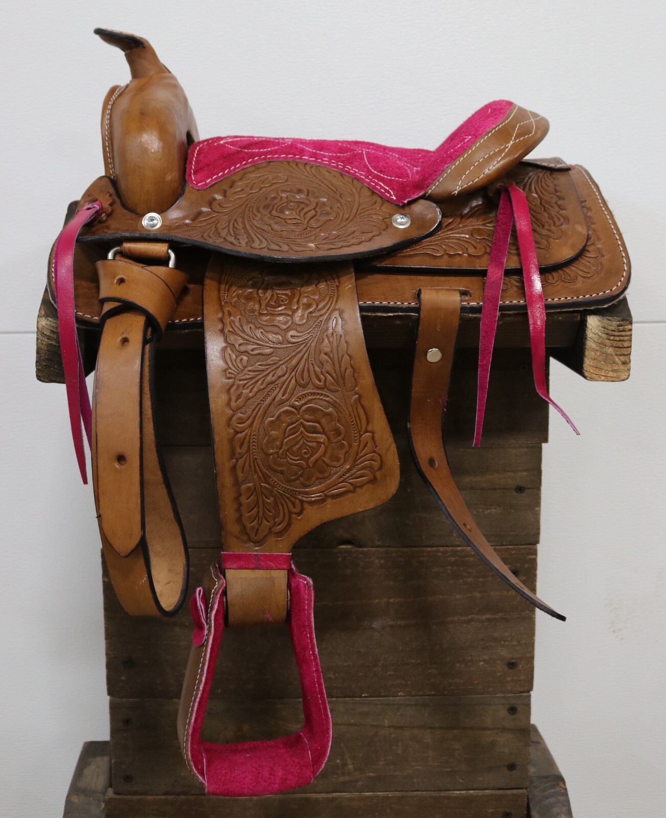 Used 10" Pink Brown Western Horse Leather Pony Kids Saddle