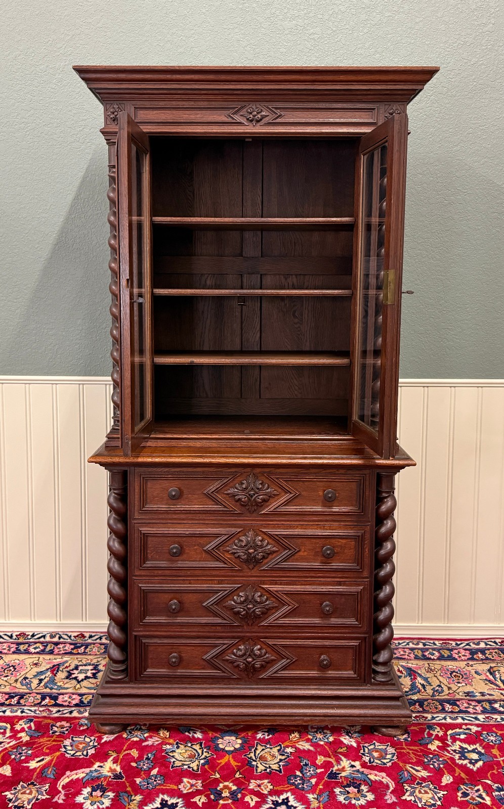 Antique French Bookcase & Chest of Drawers Display Cabinet Barley Twist Oak
