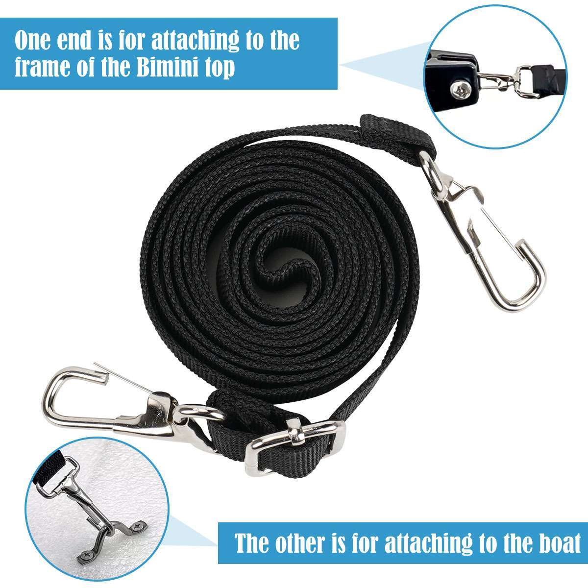 2x Adjustable for Bimini Boat Top Straps Loops & Snap Hook Stainless Steel