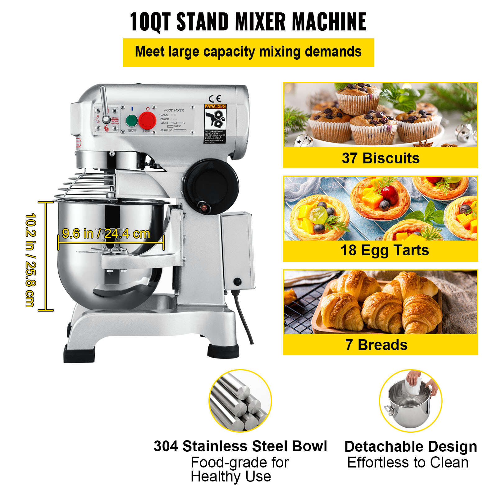 VEVOR Commercial Mixer 10Qt Mixer 3 Speed Dough Food mixer Pizza Bakery 450W