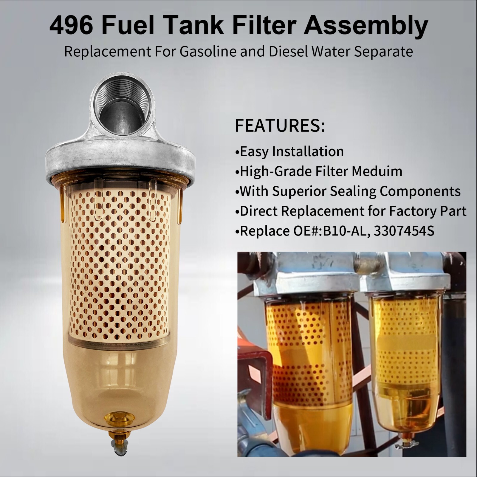 496 Fuel Tank Filter Assembly for Gasoline & Diesel Water Separate w/ 1" NPT Cap