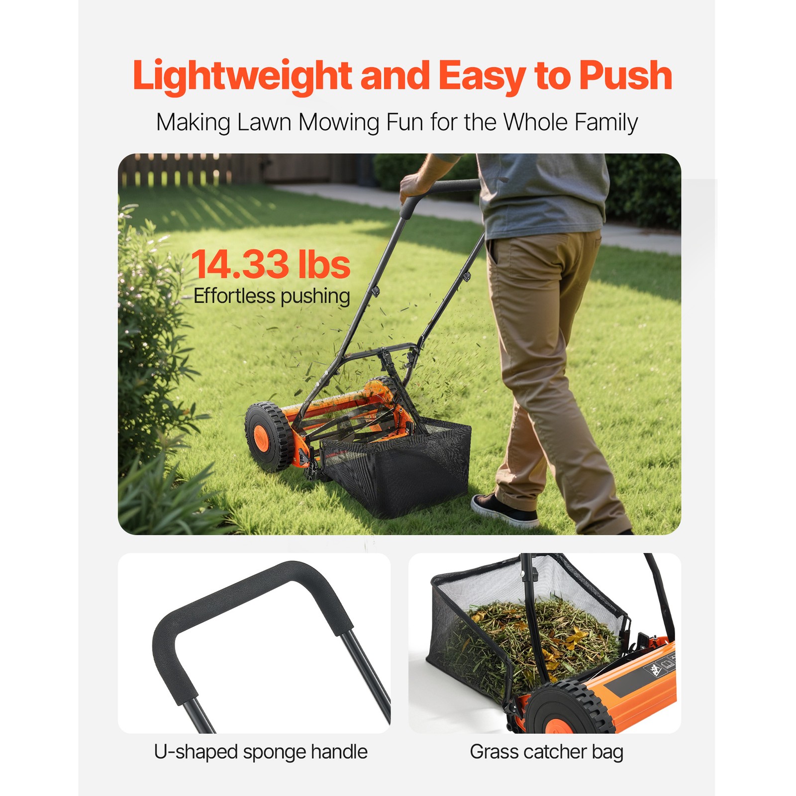 14" Manual Push Reel Lawn Mower 5-Blade Adjustable Height Grass Catcher 2 Wheels