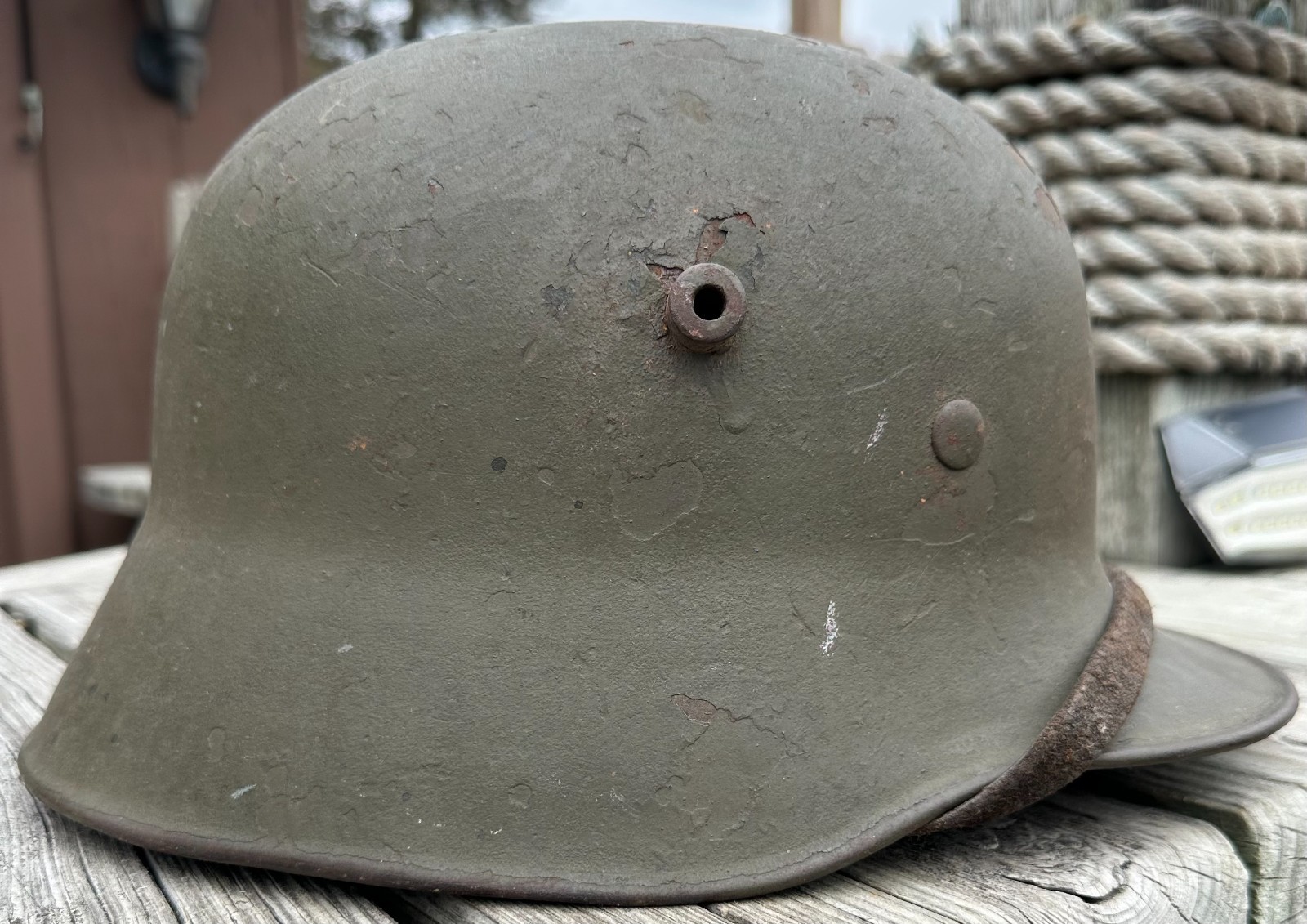 WWI WWII German M18 Combat helmet - thick camo finish - 1938 chinstrap